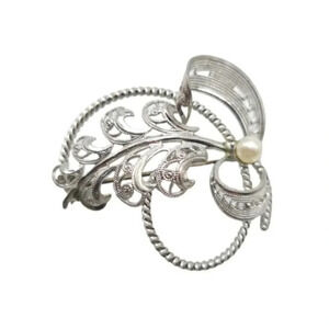 Western Germany Faux Pearl Filigree Brooch Pin Silver Tone Vintage